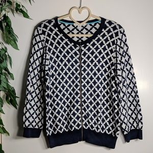 Boden Navy and White Print Zip Up Cardigan EUC